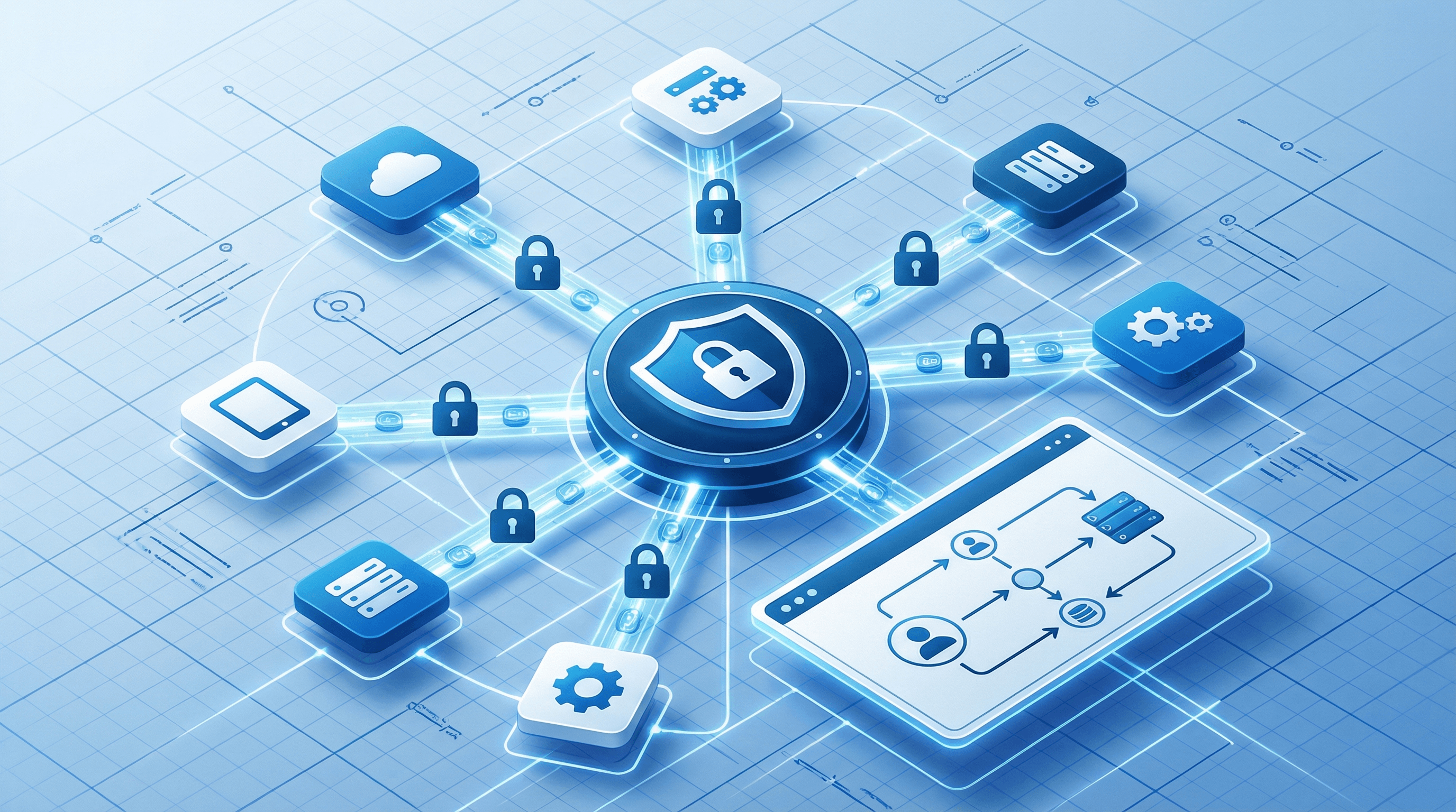 Central cybersecurity shield protecting interconnected digital systems like cloud, server, and database.