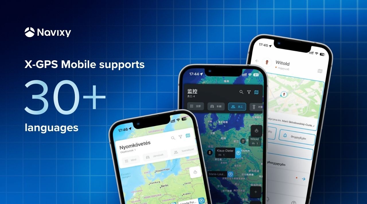 Novixy X-GPS Mobile shown on three smartphones, supporting over 30 languages.