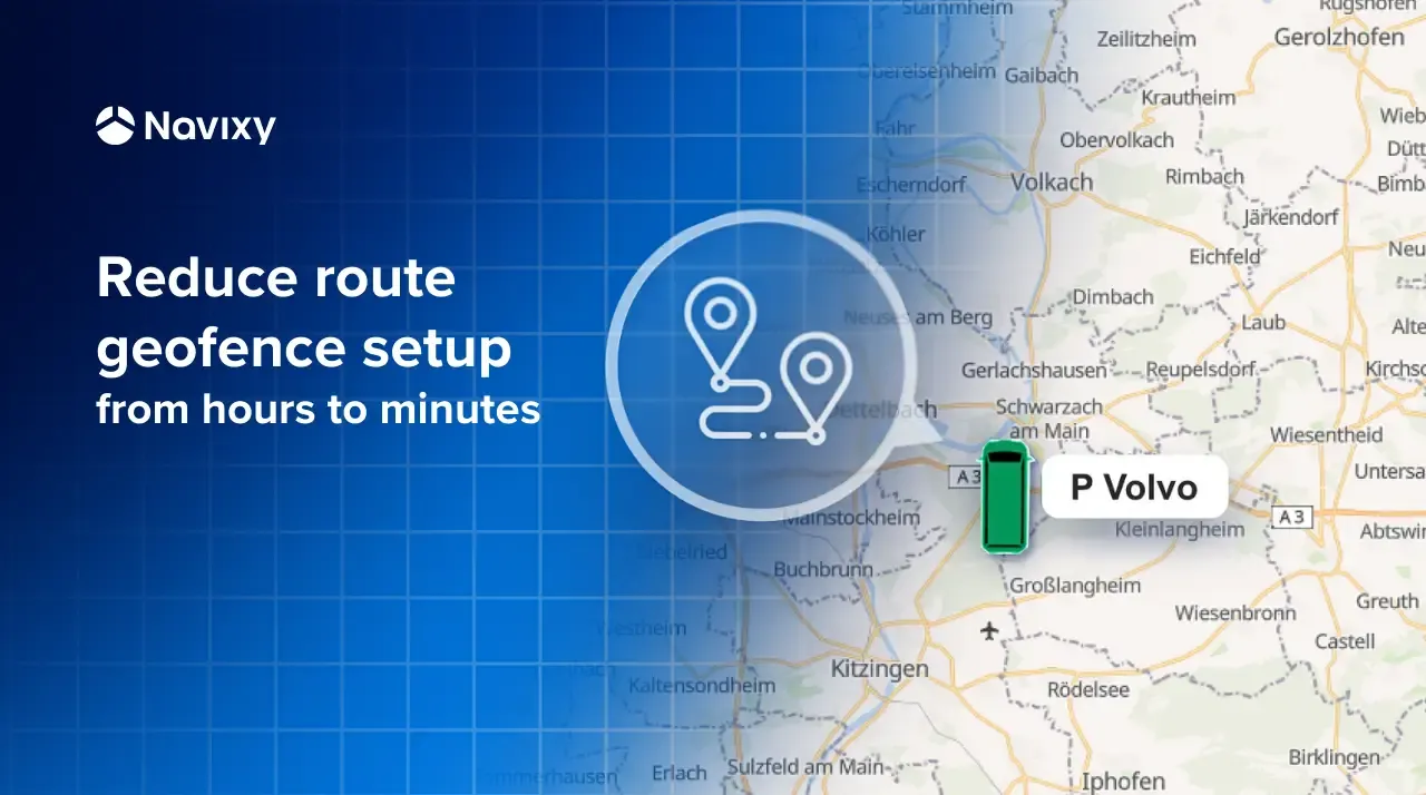 Novixy ad showing route geofence setup reduction with map and location icons.