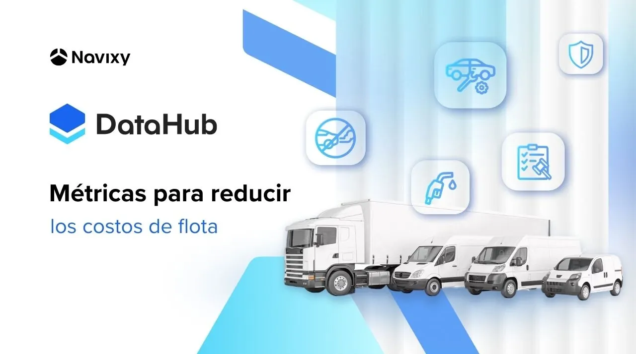 Navixy DataHub banner for reducing fleet costs, featuring vehicles and relevant icons.