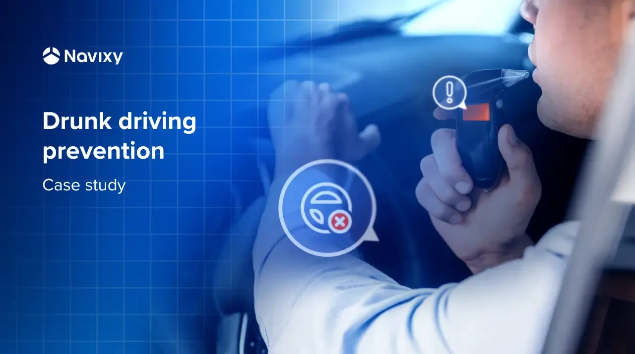 Person using a breathalyzer in a car with 'Drunk driving prevention' text.