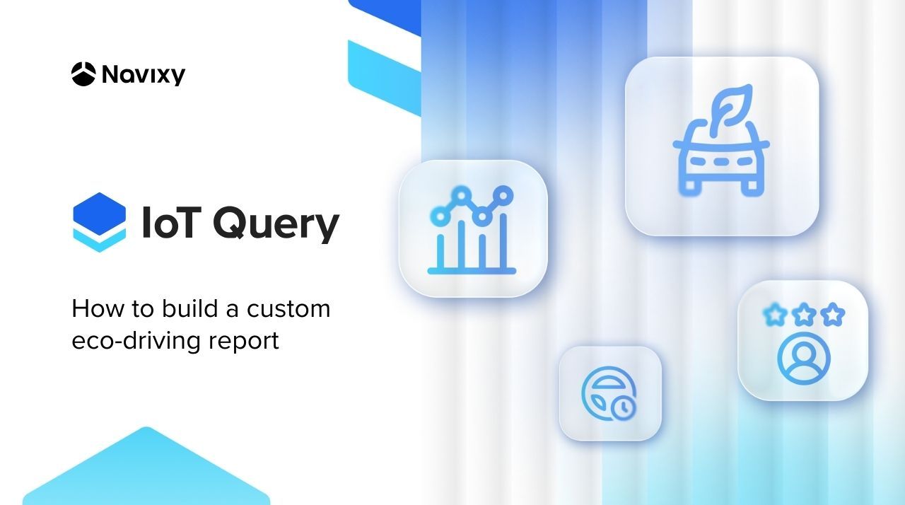 Novixy IoT Query ad for building custom eco-driving reports, featuring analytics and sustainability icons.