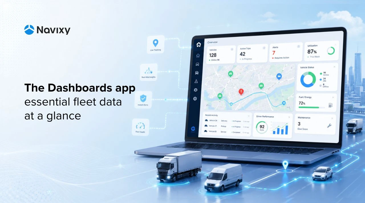 Navixy Dashboards app showing fleet live status, trips, and technical conditions for fleet managers.
