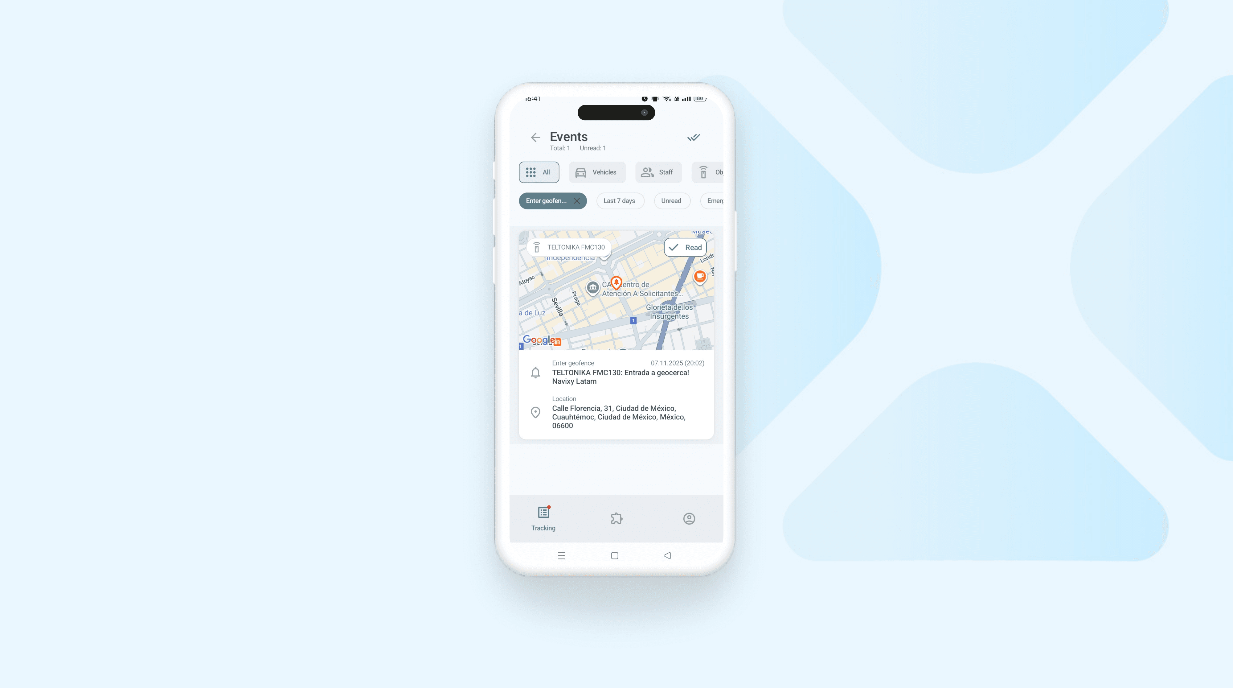 Mobile app displaying a map with navigation directions and event details.