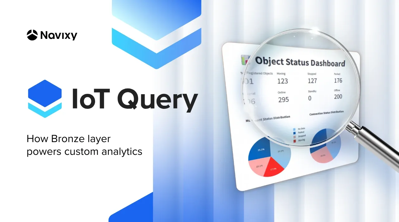 Novixy IoT Query graphic shows a magnified data dashboard for custom analytics.