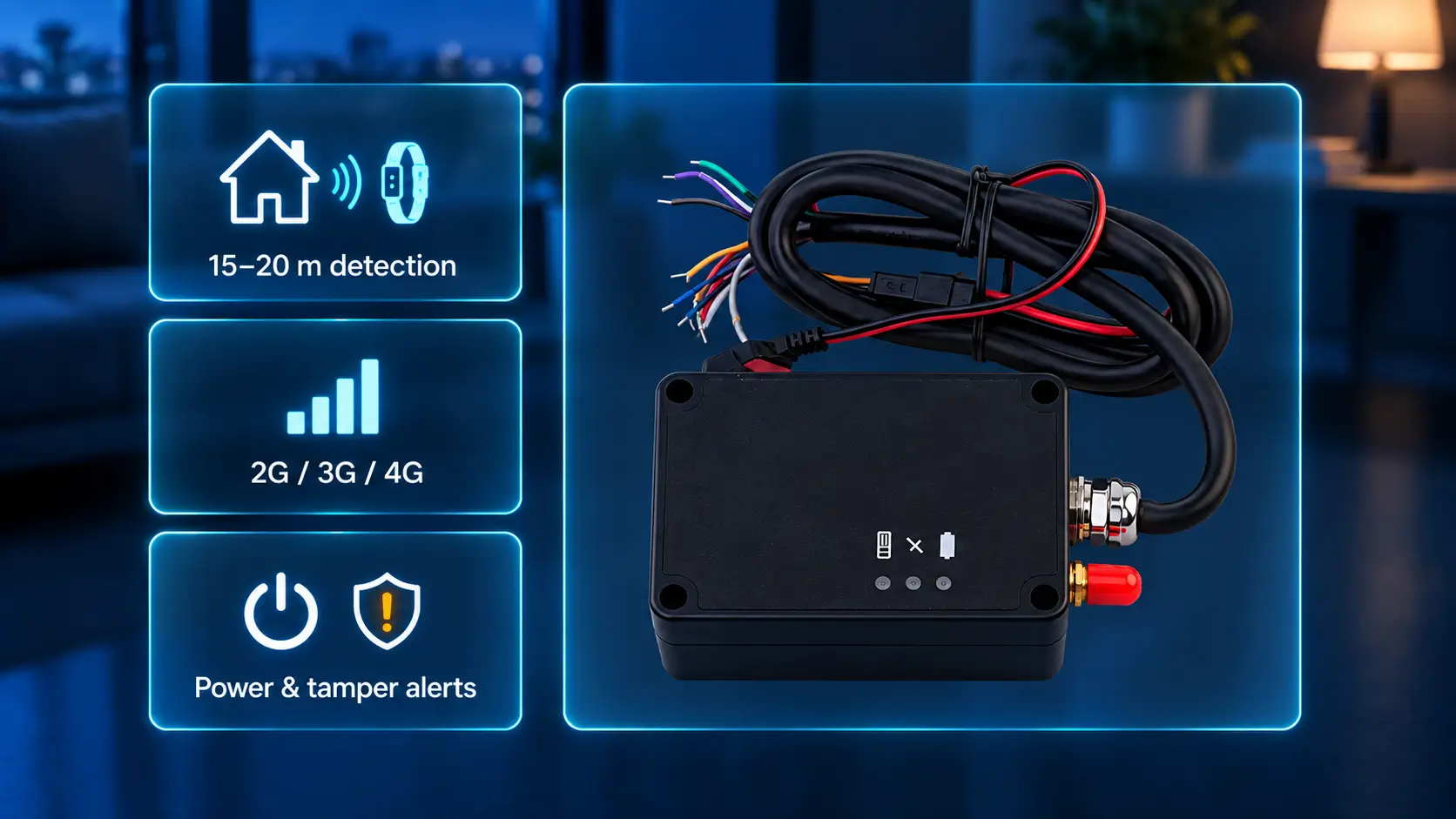 محطة Megastek S921 المنزلية مع نطاق كشف للجهاز القابل للارتداء يتراوح بين 15 و20 مترًا، واتصال عبر شبكات 2G و3G و4G، وتنبيهات الطاقة والعبث.