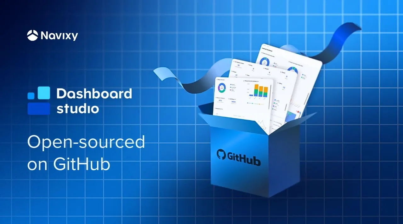 Dashboard studio open-sourced on GitHub, with data charts emerging from a GitHub box.