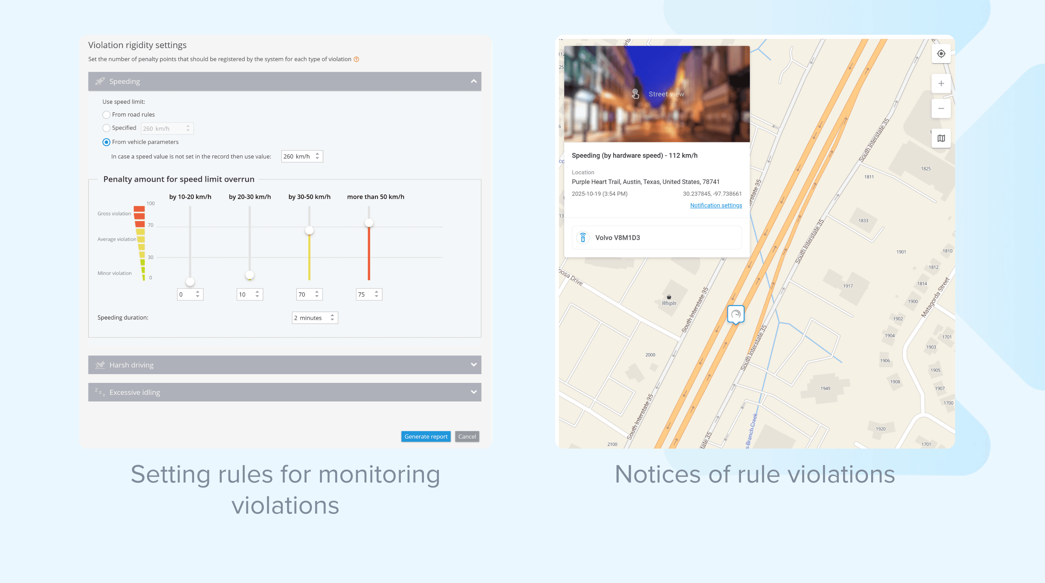 setting rules monitoring driver behaviour and notification