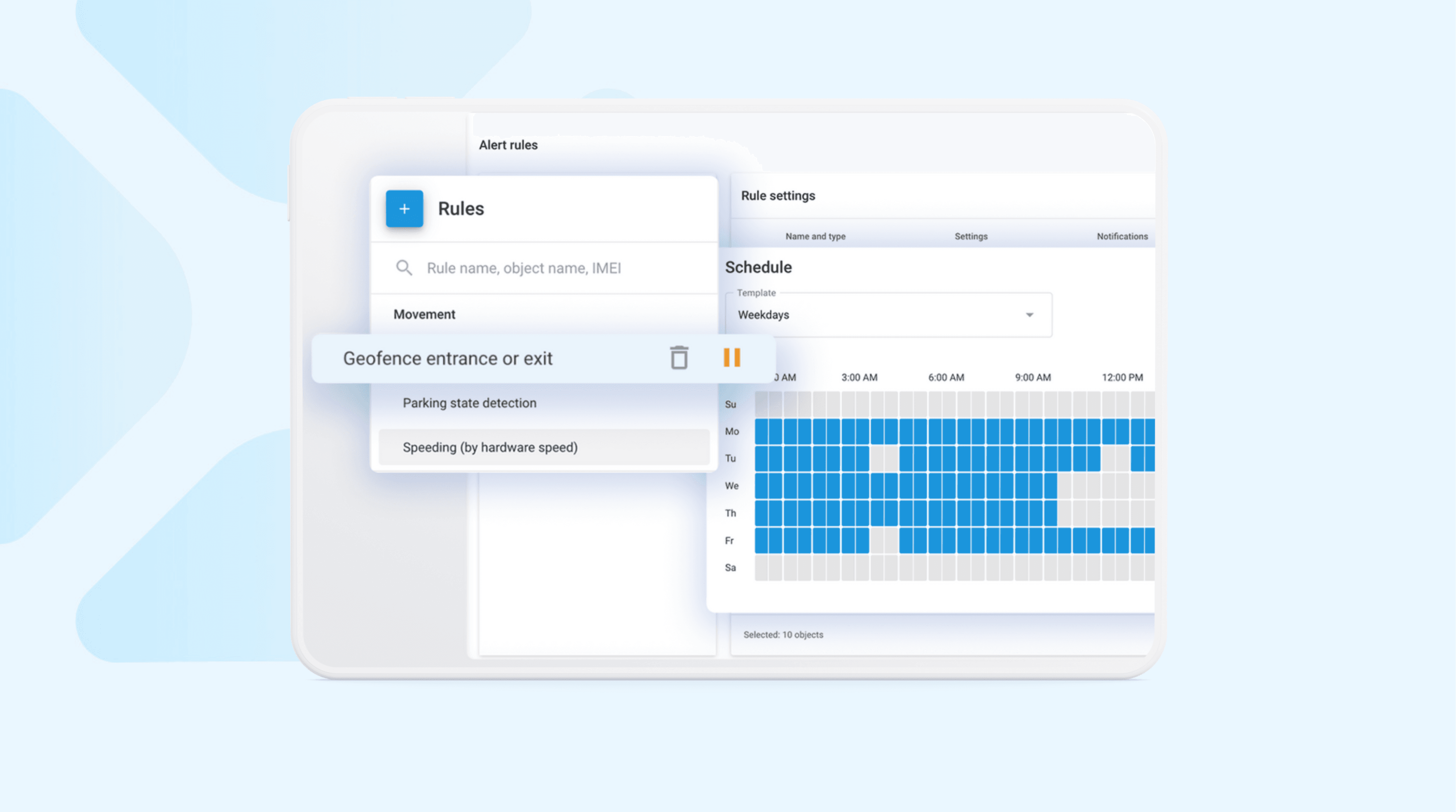 Laptop and mobile screens displaying Navixy rule settings for geofence entrance or exit alerts and schedule configuration