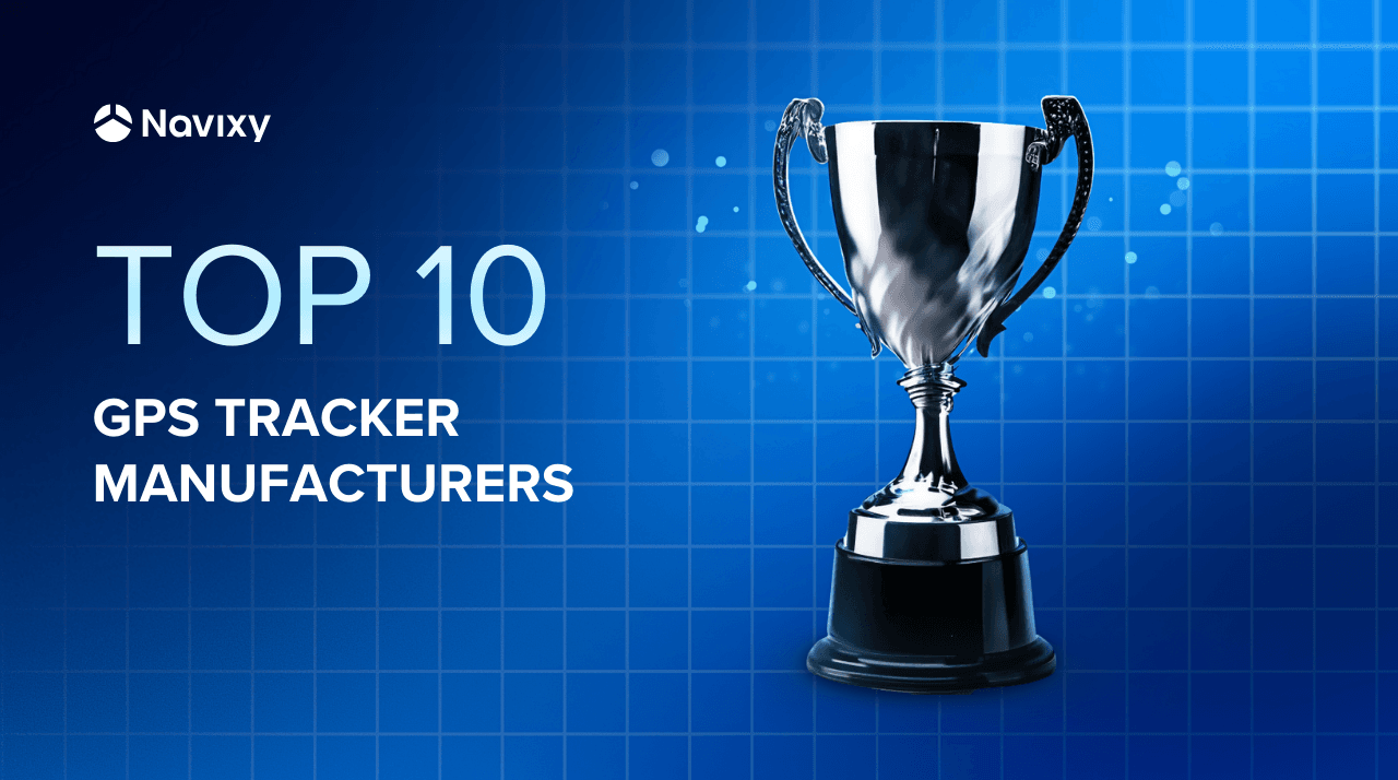 Silver trophy next to text 'TOP 10 GPS TRACKER MANUFACTURERS' on a blue grid background.