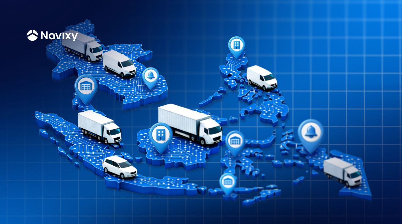 Digital map shows trucks and vans on landmasses with logistics tracking icons.