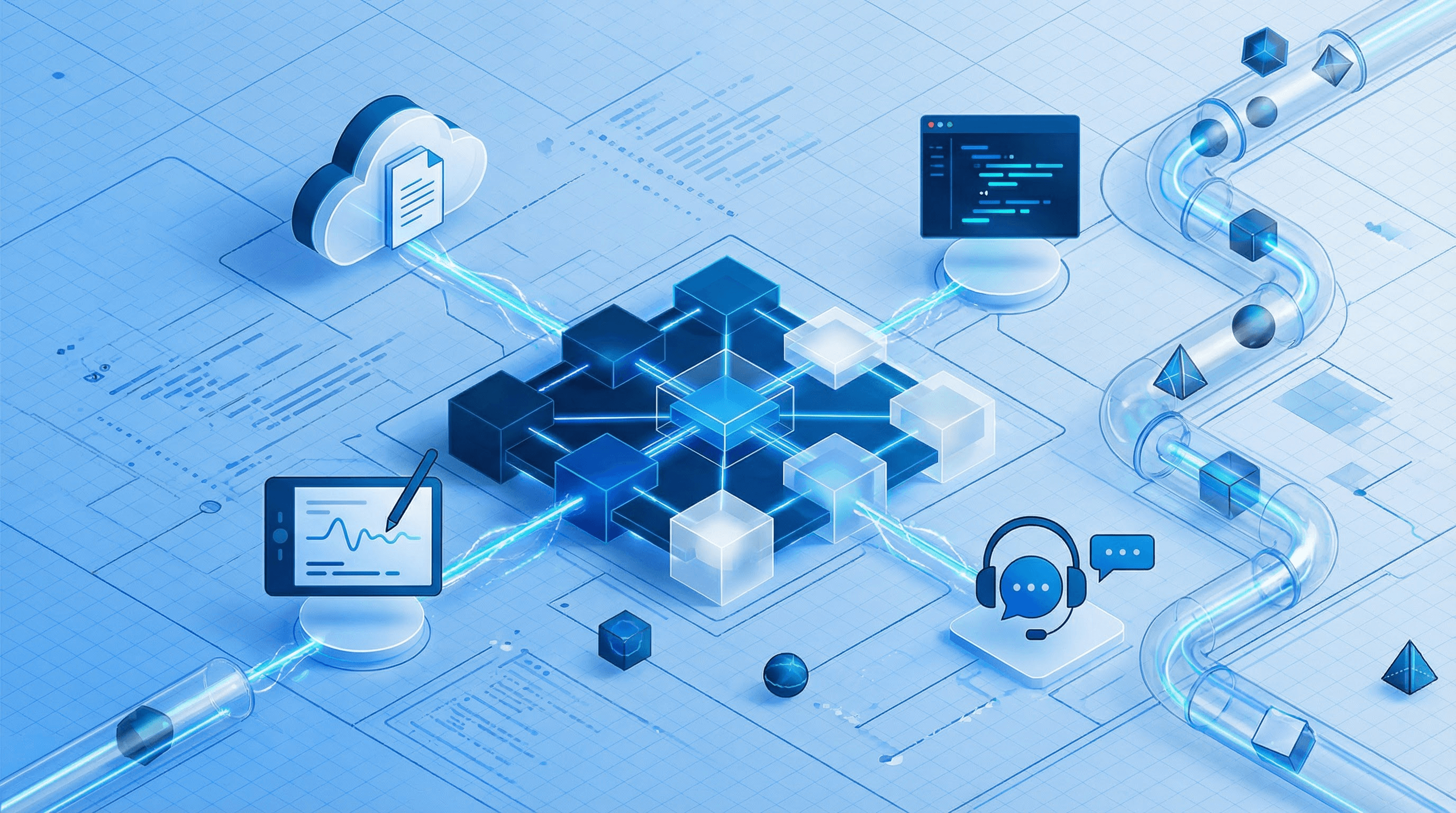 AI agents bridging platform documentation and human workflows - developers in IDE, marketers writing content, support teams helping customers