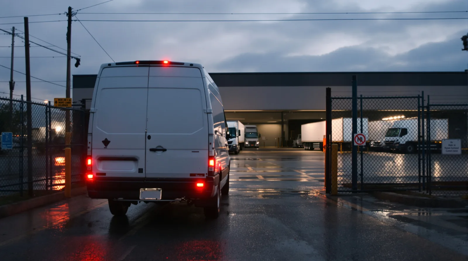 A delivery van driving away through the open gate of a fenced restricted yard at dusk, red taillights glowing on wet asphalt