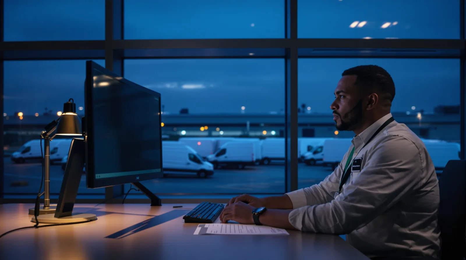 A fleet operations specialist at a desk in a modern operations room at dusk, looking thoughtfully toward a monitor turned away from camera, a depot of parked delivery vans visible through the window.