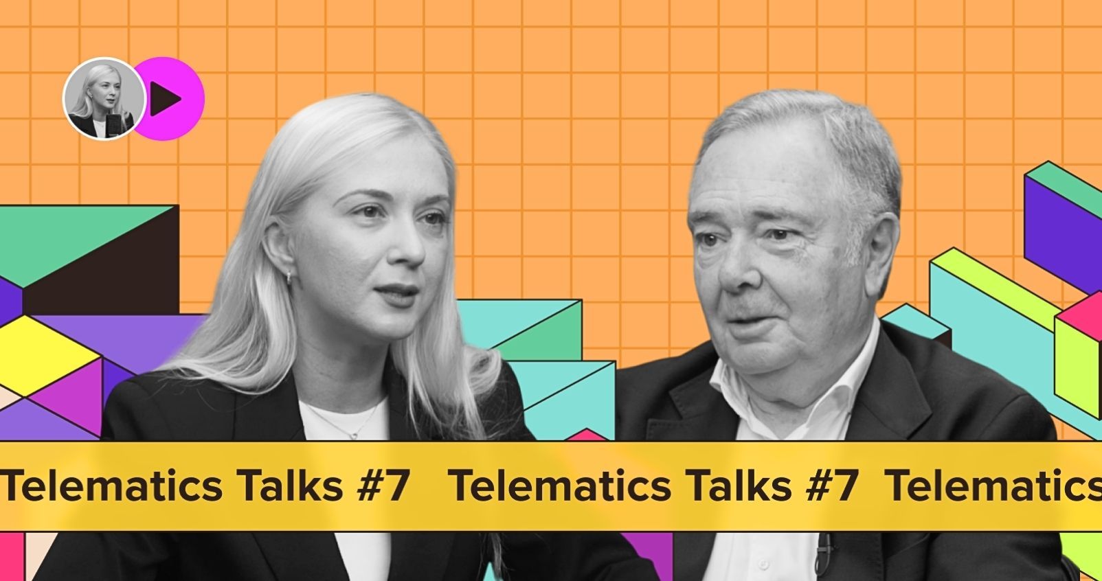 A blonde woman and an older man discuss during 'Telematics Talks #7' event.