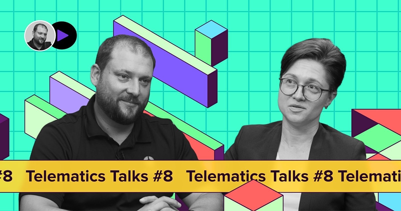 Man and woman discussing Telematics Talks #8 on a vibrant geometric background.