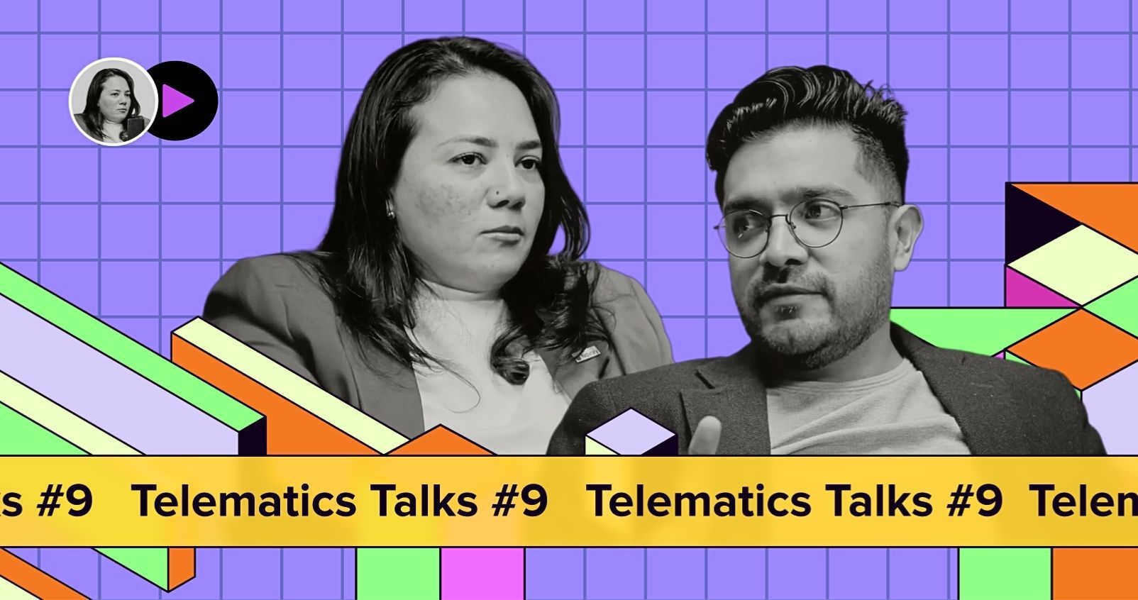 Two people, a woman and a man, discussing at a 'Telematics Talks #9' event.