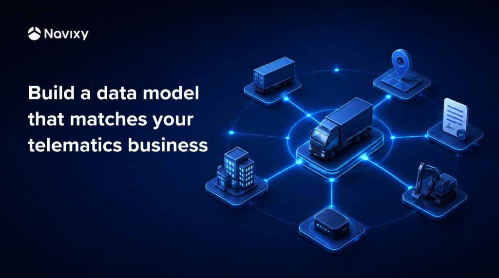 Dark blue isometric illustration of a truck connected to trailers, sites, equipment, documents, and a tracking device, with the headline Build a data model that matches your telematics business and the Navixy logo.