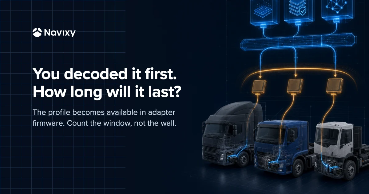 Three truck cabs with compatible adapters receive the same firmware update over the air, while a continuous line above them carries a normalized data stream that the broadcast never touches.
