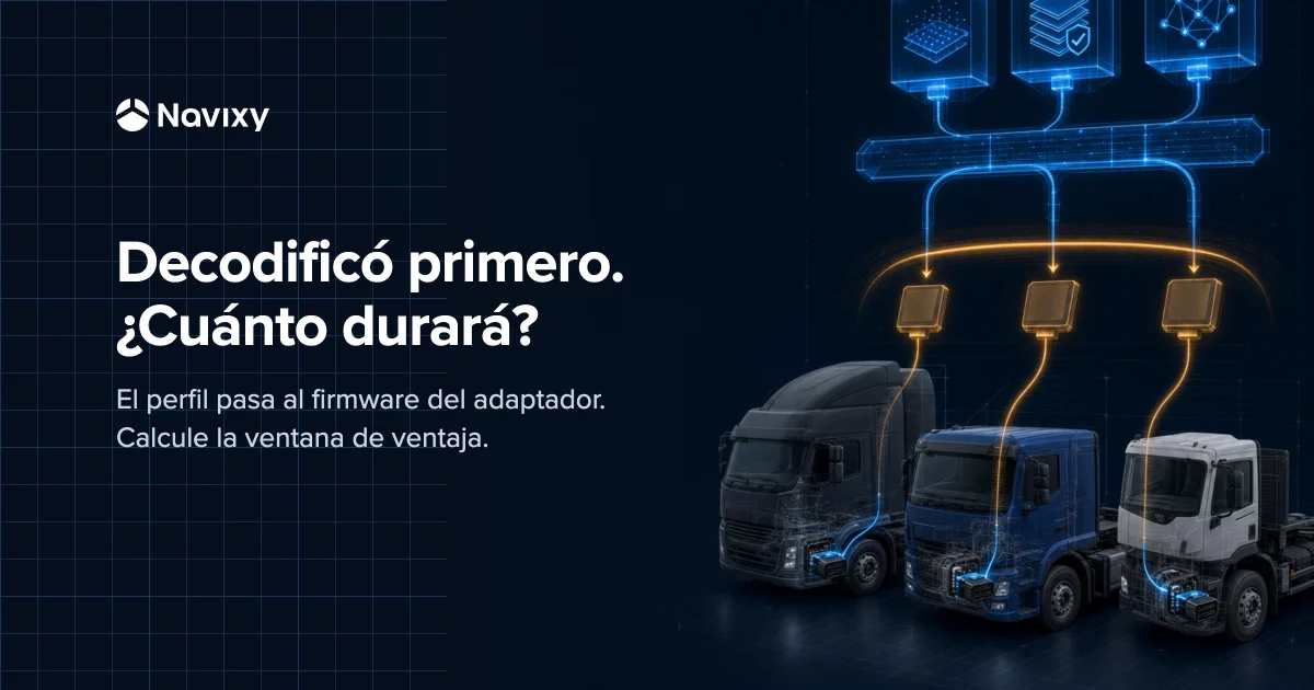 Three truck cabs with compatible adapters receive the same firmware update over the air, while a continuous line above them carries a normalized data stream that the broadcast never touches.