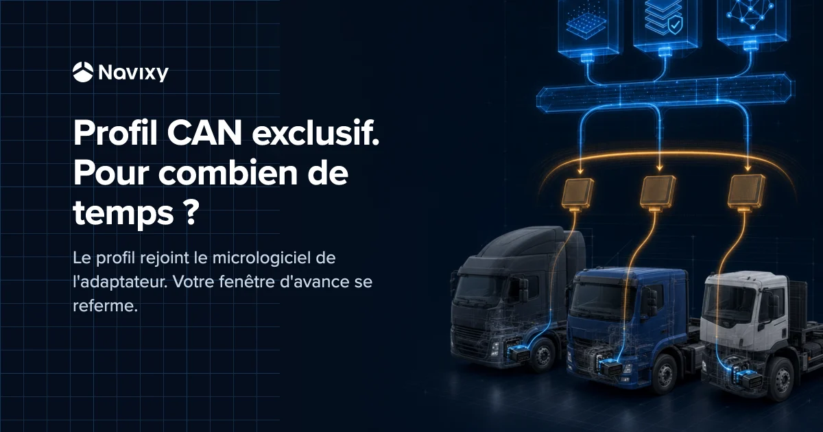 Three truck cabs with compatible adapters receive the same firmware update over the air, while a continuous line above them carries a normalized data stream that the broadcast never touches.