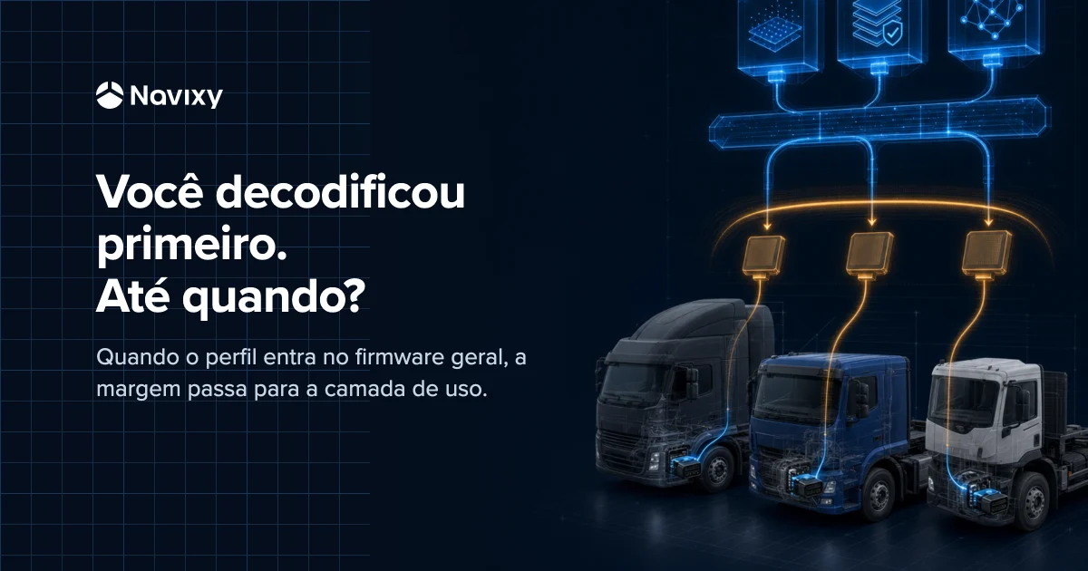 Three truck cabs with compatible adapters receive the same firmware update over the air, while a continuous line above them carries a normalized data stream that the broadcast never touches.