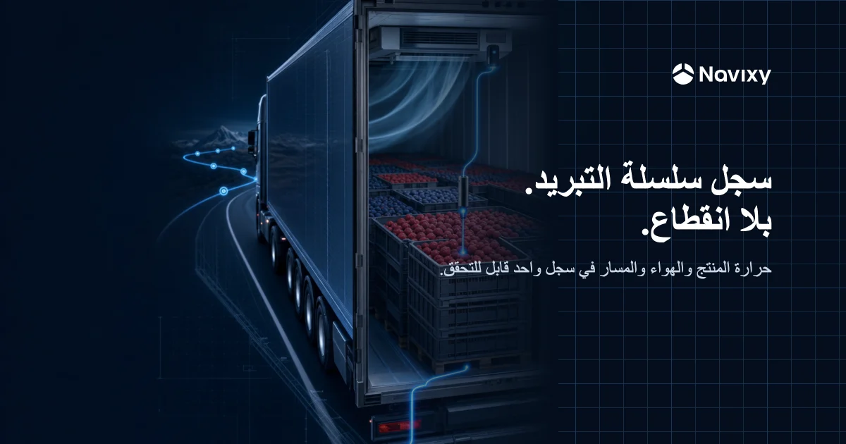 A refrigerated trailer cutaway where a product probe, supply-air sensor, and route checkpoints connect into one continuous temperature record.