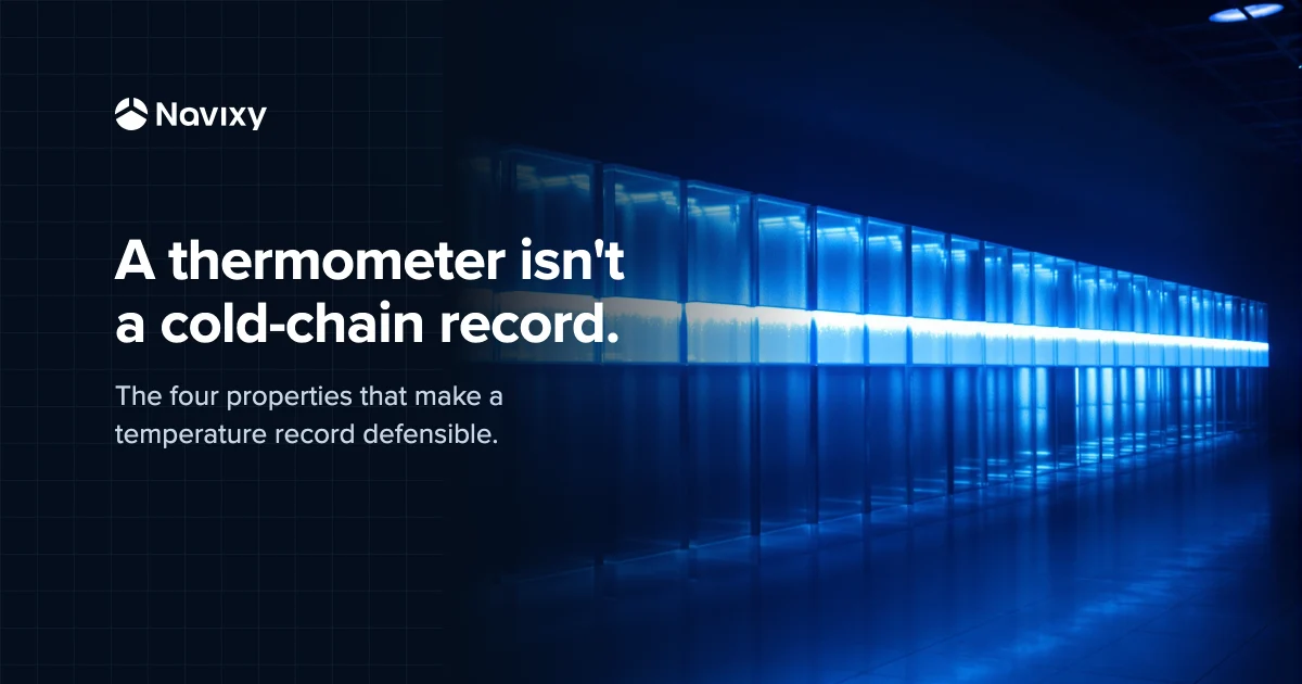 Abstract Navixy graphic: one unbroken ribbon of azure light passing through a row of frosted ice-glass blocks, beside the headline 'A thermometer isn't a cold-chain record.'