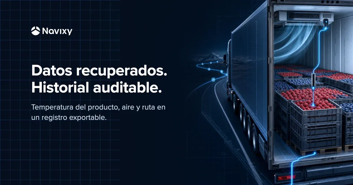 Esquema de un remolque refrigerado: sonda de producto, aire de suministro y ruta forman un historial auditable.