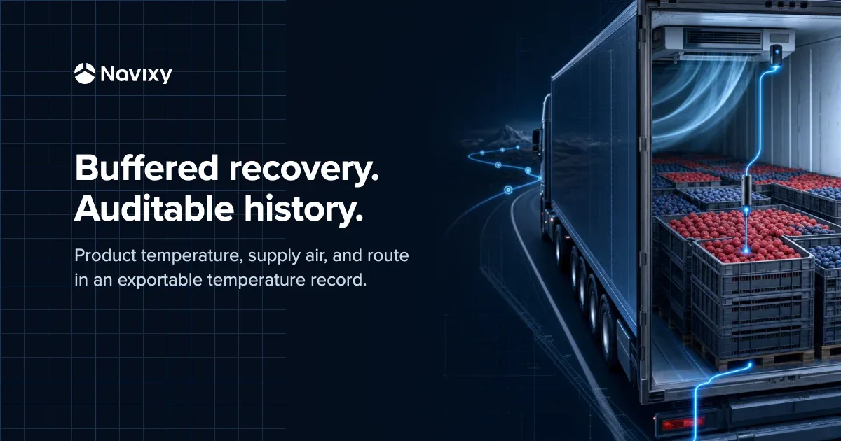 A refrigerated trailer cutaway where a product probe, supply-air sensor, and route checkpoints connect into an auditable temperature history.