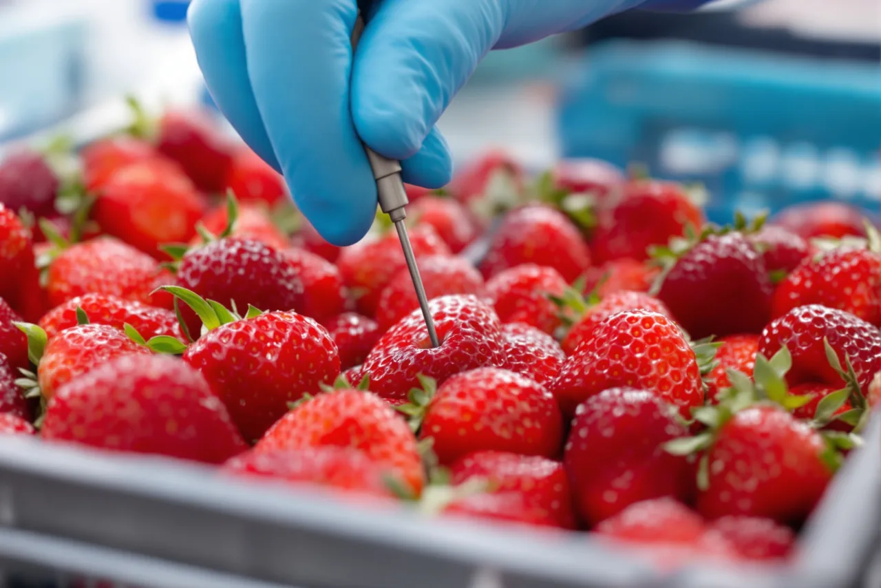 A gloved hand placing a temperature probe into the pulp at the center of a crate of strawberries