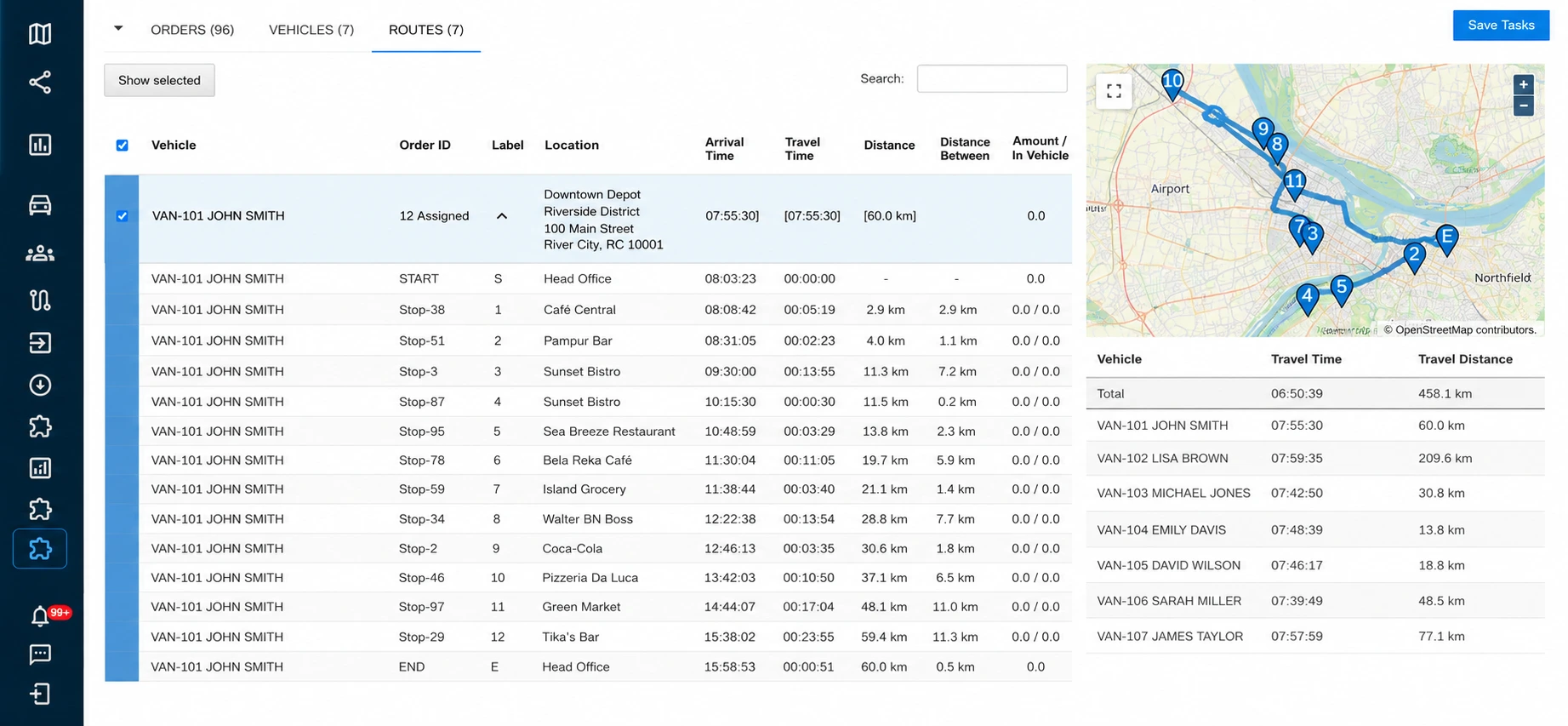 Fleet Routing & Scheduling — Routes tab: 7 optimized routes, combined fleet 458 km in 6 h 50 min