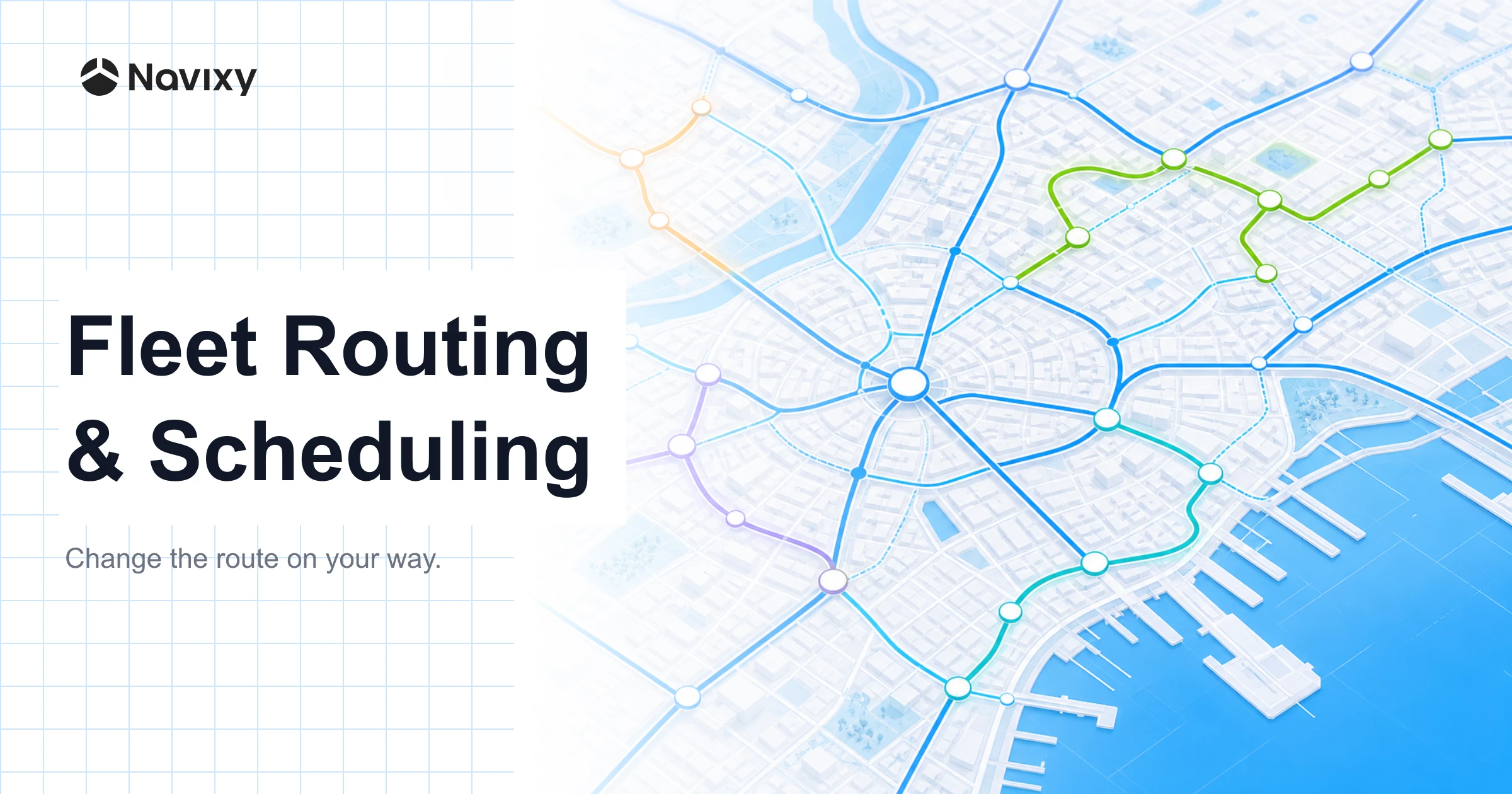 Navixy Fleet Routing & Scheduling — colorful route arcs on a 3D isometric city map, light branded composite.