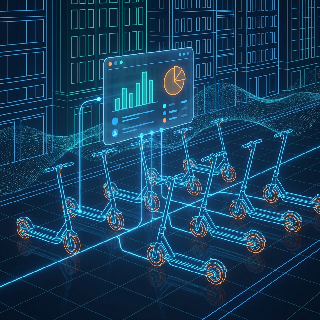 Connected e-scooter fleet in an urban environment with IoT data visualization overlay