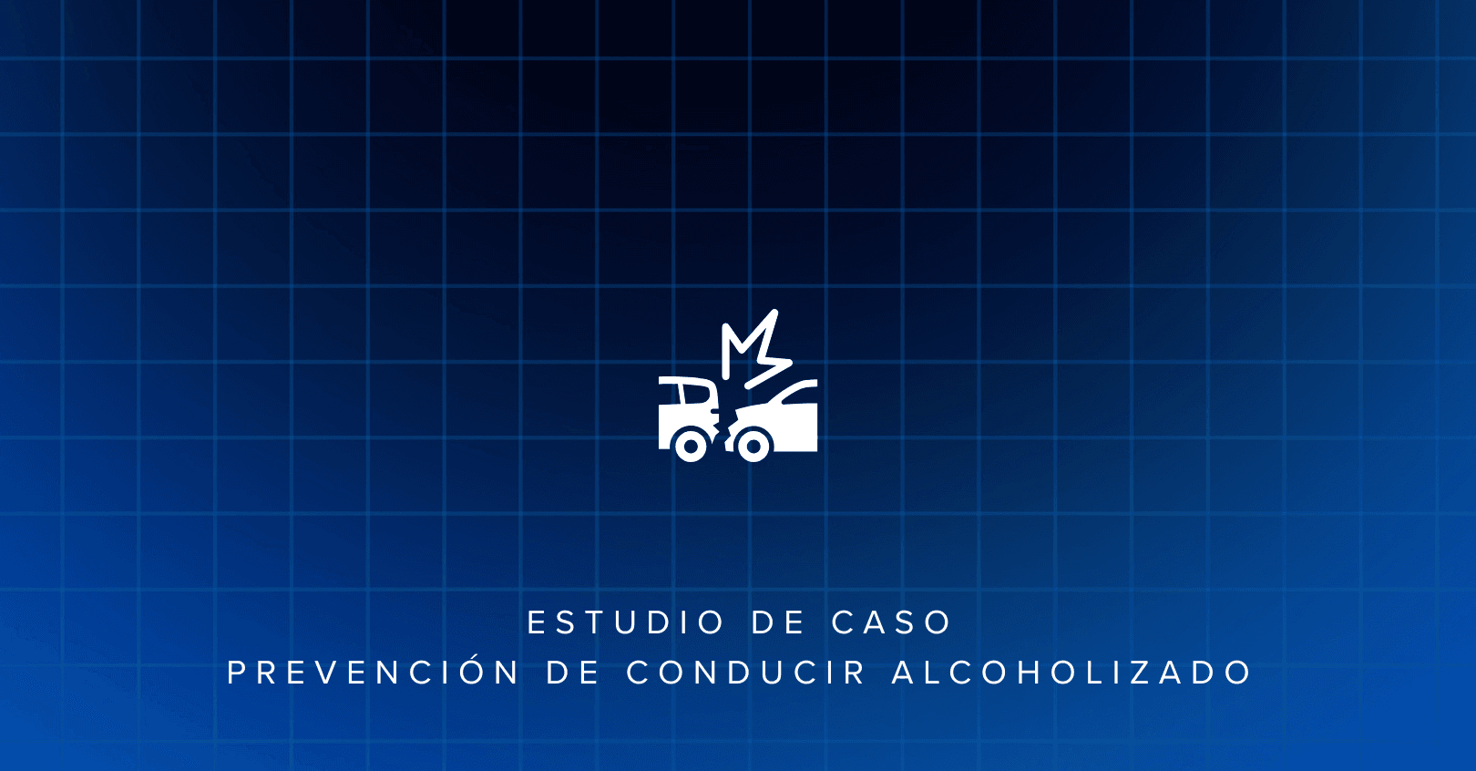 White icon of two cars crashing with Spanish text about drunk driving prevention.
