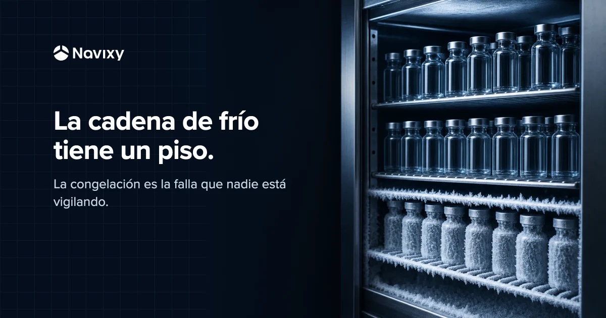 Abstract Navixy graphic: a stainless-steel cold-storage cabinet of plain glass vials, clear and clean on the upper shelves, rimed with ice-frost climbing the lower shelves, beside the headline 'The cold chain has a floor.'
