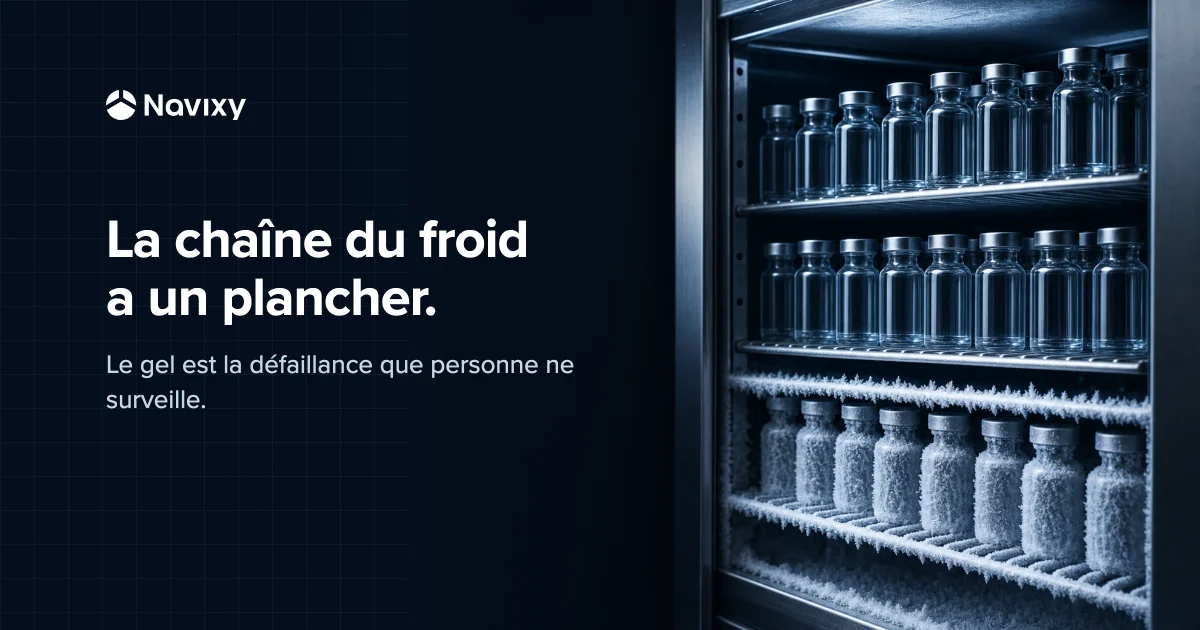 Abstract Navixy graphic: a stainless-steel cold-storage cabinet of plain glass vials, clear and clean on the upper shelves, rimed with ice-frost climbing the lower shelves, beside the headline 'The cold chain has a floor.'