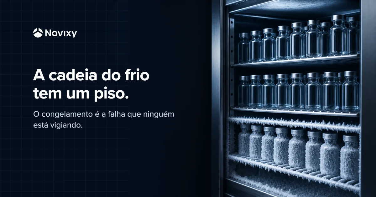Abstract Navixy graphic: a stainless-steel cold-storage cabinet of plain glass vials, clear and clean on the upper shelves, rimed with ice-frost climbing the lower shelves, beside the headline 'The cold chain has a floor.'