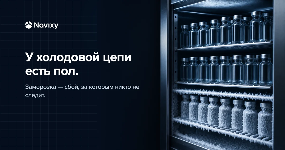 Abstract Navixy graphic: a stainless-steel cold-storage cabinet of plain glass vials, clear and clean on the upper shelves, rimed with ice-frost climbing the lower shelves, beside the headline 'The cold chain has a floor.'
