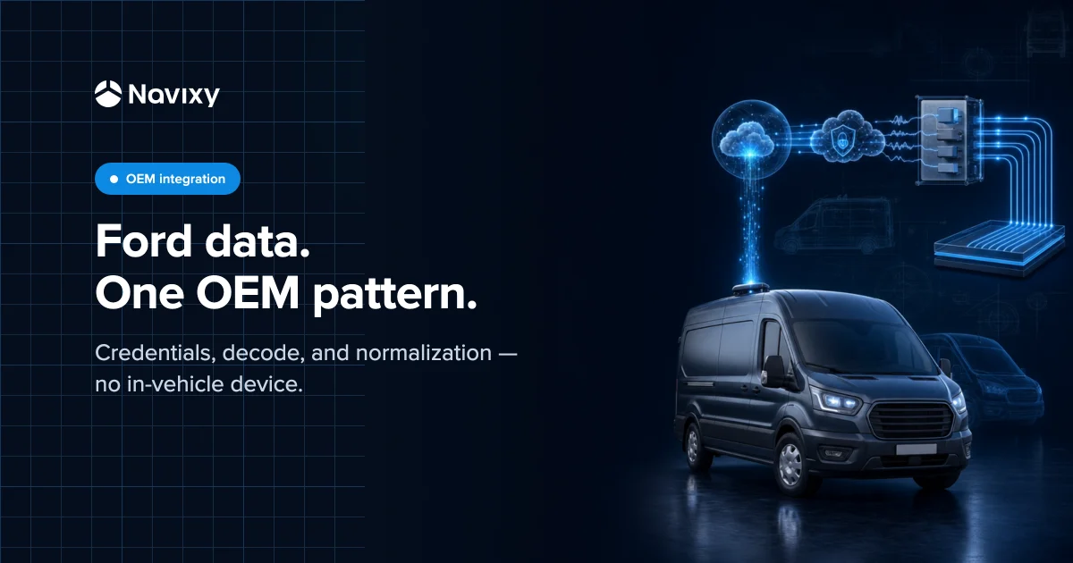 A factory-connected commercial vehicle sends data through two clouds, a decoder, and uniform protocol rails into one reusable OEM integration layer.