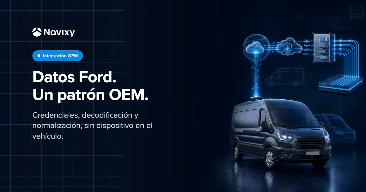 A factory-connected commercial vehicle sends data through two clouds, a decoder, and uniform protocol rails into one reusable OEM integration layer.