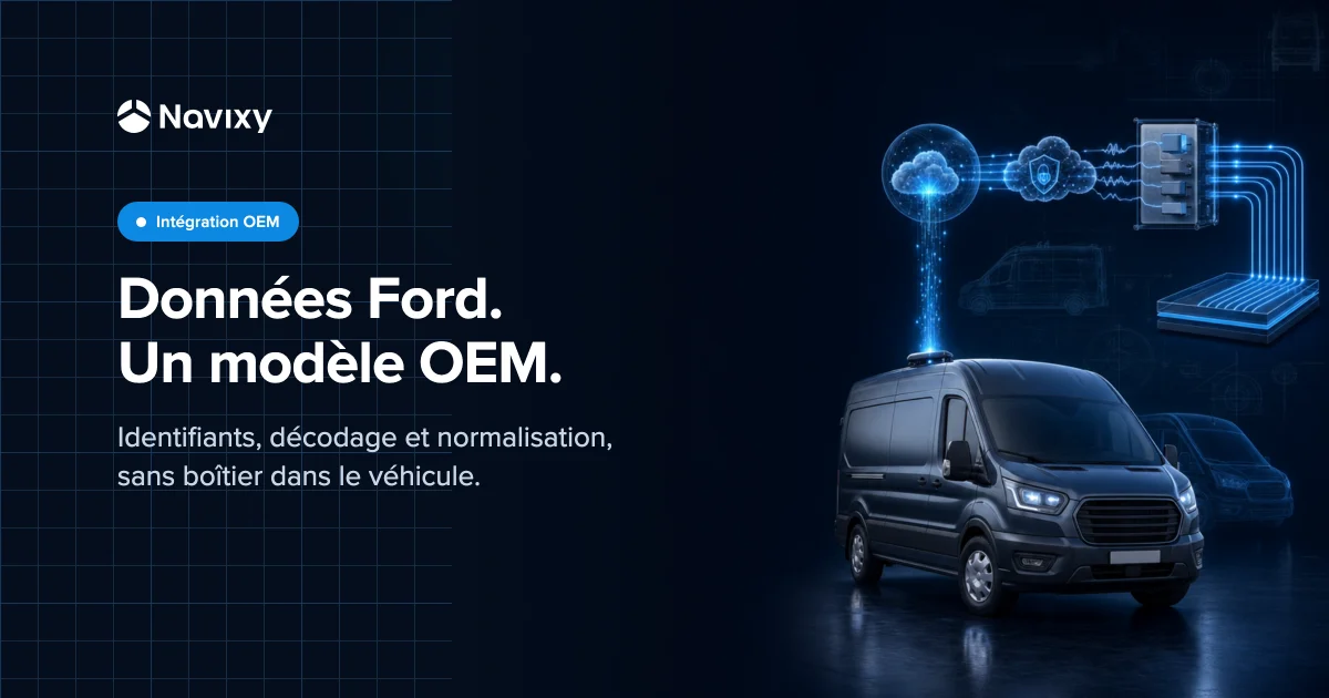 A factory-connected commercial vehicle sends data through two clouds, a decoder, and uniform protocol rails into one reusable OEM integration layer.