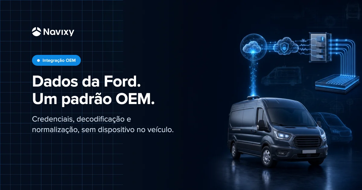 A factory-connected commercial vehicle sends data through two clouds, a decoder, and uniform protocol rails into one reusable OEM integration layer.