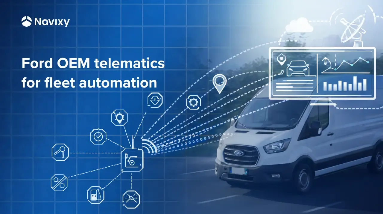 White Ford Transit van with digital overlay showing telematics data for fleet automation.
