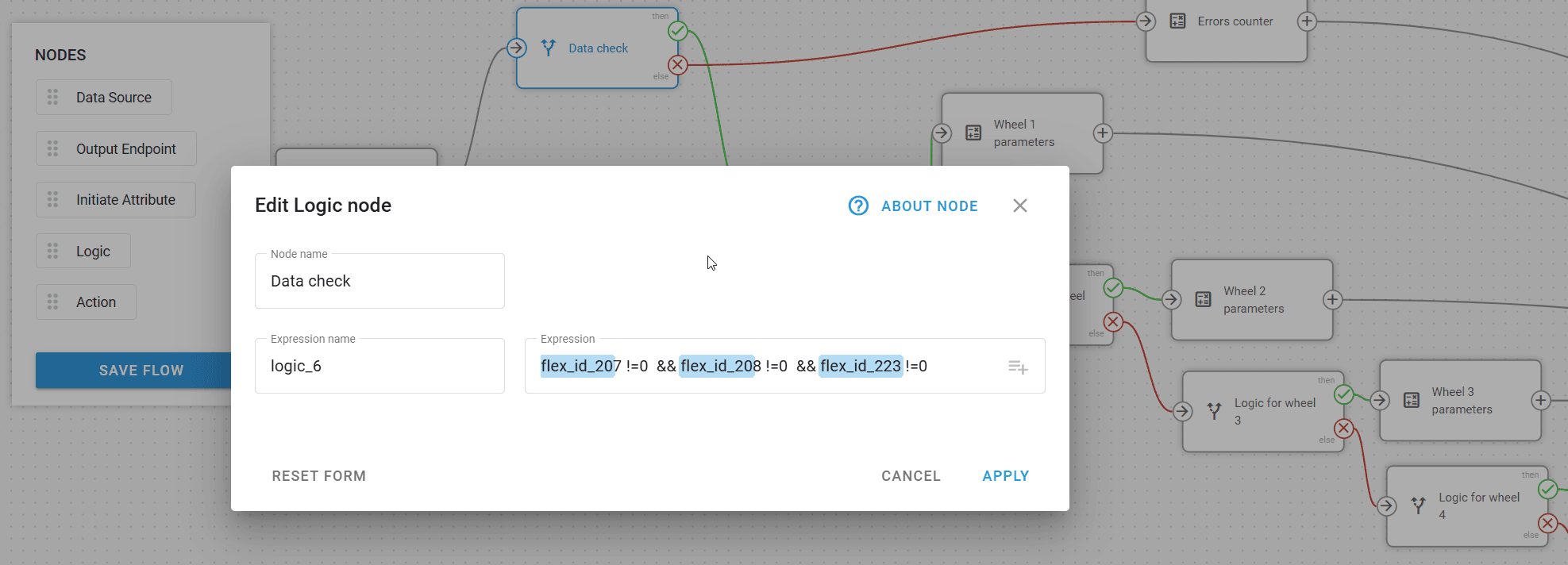 Edit Logic node modal showing 'Data check' and complex expressions in a workflow.