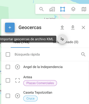 Capture d’écran du panneau 'Geocercas' d’une application cartographique pour la gestion des lieux et l’importation de fichiers KML.