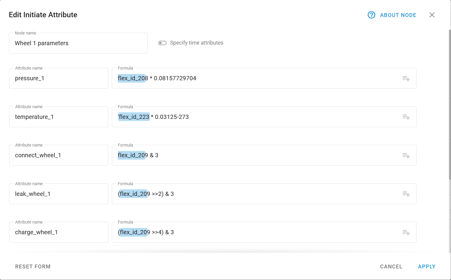 An interface titled 'Edit Initiate Attribute' showing attribute names and their calculation formulas.