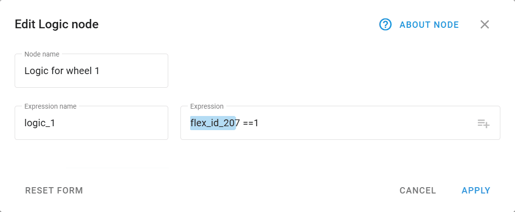 Edit Logic node interface displaying input fields for node name, expression, and values.