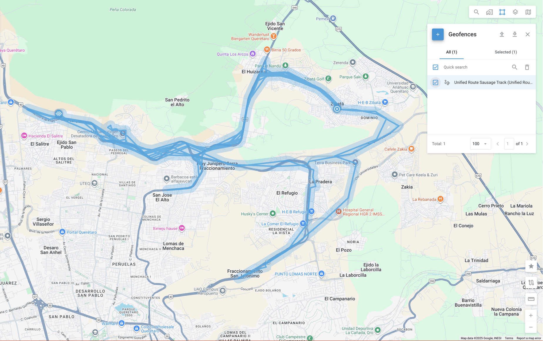 Carte affichant de nombreux itinéraires ou trajets superposés en bleu clair, représentant vraisemblablement des données de mouvement.