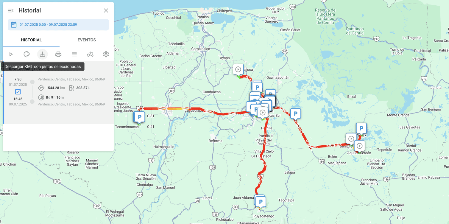 Une carte numérique affiche un itinéraire rouge avec plusieurs arrêts et une interface de suivi 'Historial'.